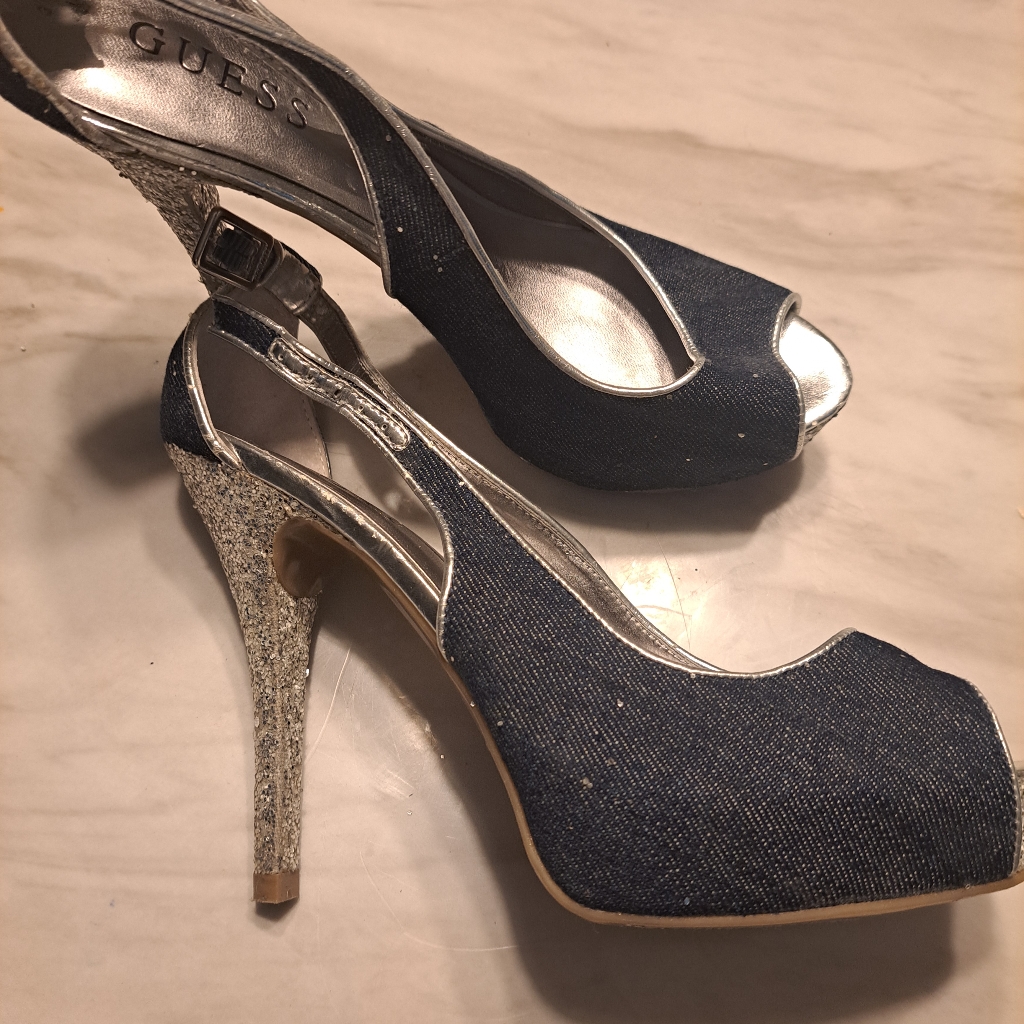 Guess Women's Silver And Blue Peep Toe Heels